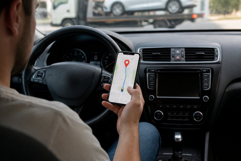 Driver holding smartphone displaying real-time tow truck tracking map with GPS location pin, sitting in car interior with dashboard visible