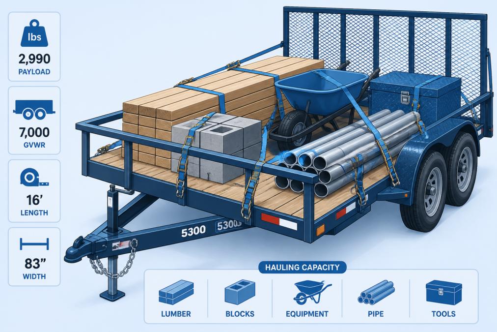Close-up view of a utility trailer loaded with construction materials and equipment, showing secure tie-down straps and cargo arrangement with metal framework visible
