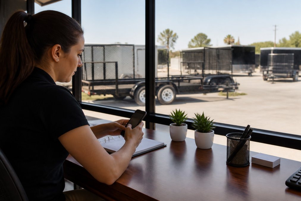 Person on a mobile device completing an online trailer rental booking with a laptop, seated at a desk with a trailer rental facility visible through the window in the background