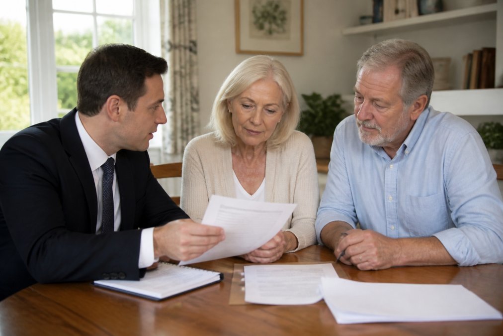 Professional adviser in business attire discussing LPA documents with a mature couple at a wooden dining table, papers and notes spread out, natural daylight from window