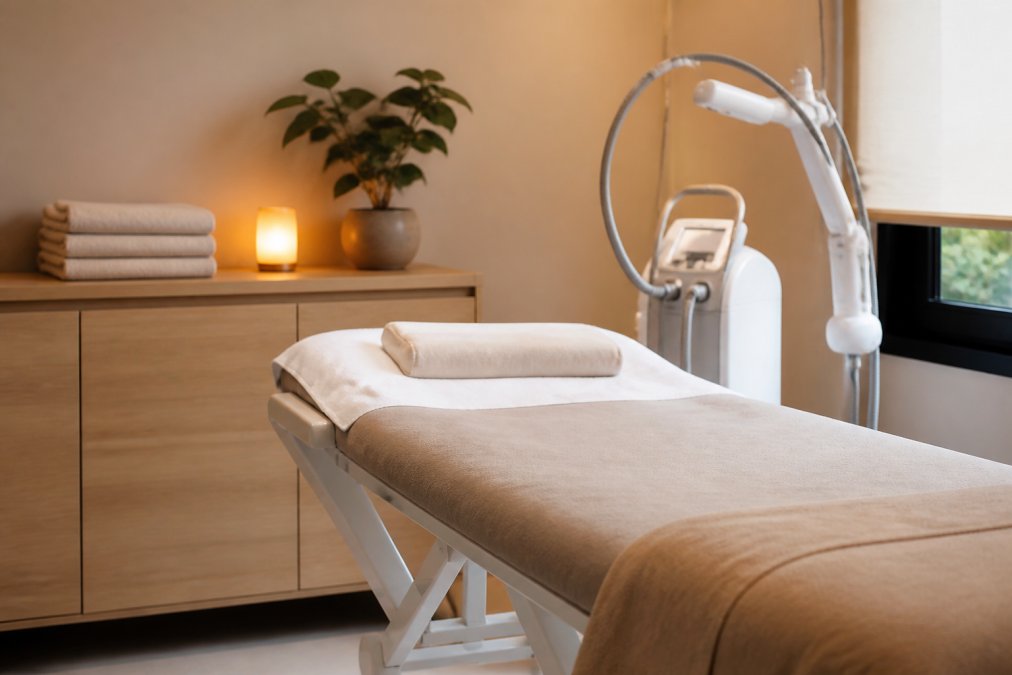 Rustige behandelruimte voor een LPG endermologie sessie met een comfortabele behandeltafel en warme verlichting.