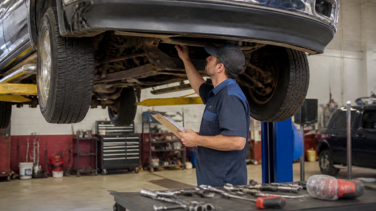 A mechanic in a service bay inspecting the underside of a used pickup truck on a lift, holding a clipboard with a checklist, bright overhead lighting, tools visible on a nearby bench