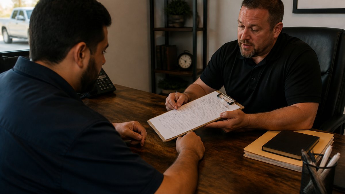 A bail bondsman at a desk in a small Lubbock office reviewing paperwork with a client, payment schedule visible on a clipboard, warm reassuring lighting