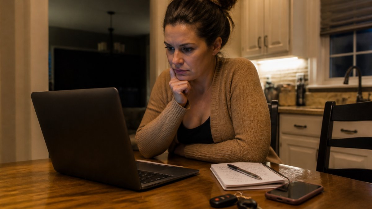 A woman in her thirties sitting at a kitchen table at night reviewing bail bond agencies on a laptop, a notepad with handwritten phone numbers beside her, a cell phone and car keys on the table, warm overhead lighting