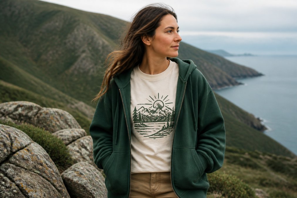 Person wearing premium organic cotton graphic hoodie and t-shirt in natural outdoor setting, showcasing heavier knit fabric and distinctive design