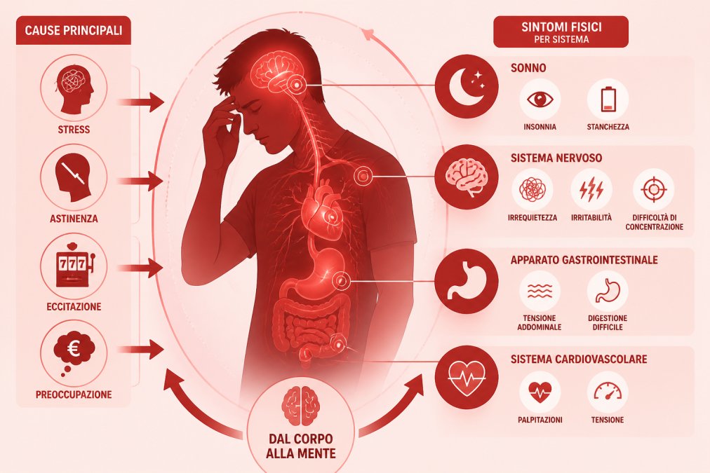 Diagramma che mappa i sintomi fisici della ludopatia raggruppati per sistema: sonno (insonnia, stanchezza), sistema nervoso (irrequietezza, irritabilità, difficoltà di concentrazione), apparato gastrointestinale (tensione addominale, digestione difficile), sistema cardiovascolare (palpitazioni, tensione), con collegamenti alle cause principali (stress, astinenza, eccitazione)