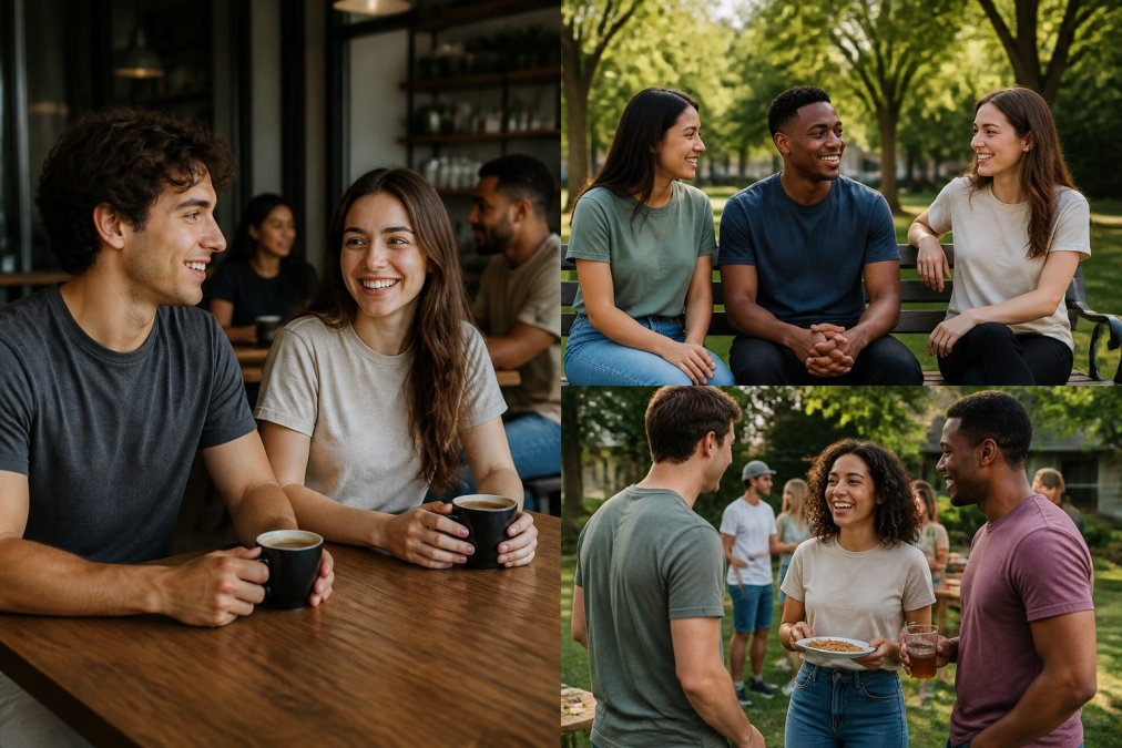 Young adults wearing casual faith-inspired t-shirts in everyday settings including coffee shop, park bench, and casual outdoor gathering, showing modern Christian streetwear in real-world context with natural daylight