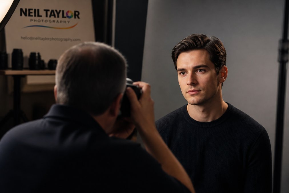 Professional actor in studio setting during headshot session, natural confident expression under professional studio lighting, soft key light from side