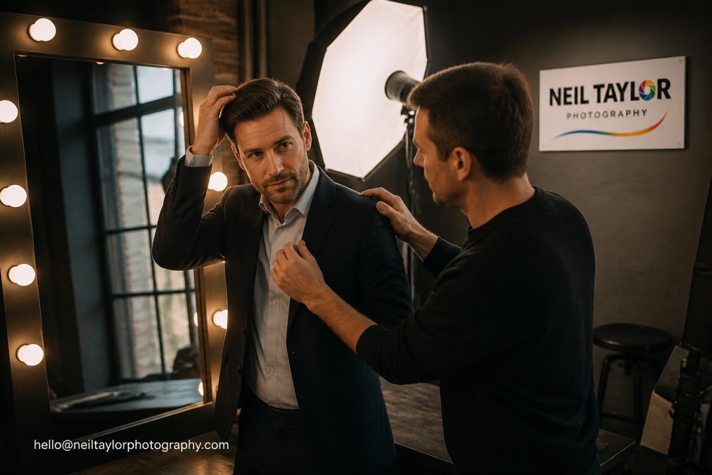 Professional preparing for headshot in modern studio setting, adjusting appearance in mirror, styling hair and checking clothing fit, natural studio lighting