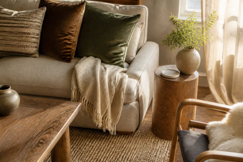 Styled living room corner showing layered textures with velvet cushions on neutral sofa, woven rug, wooden side table, and soft linen drapes creating visual depth and warmth