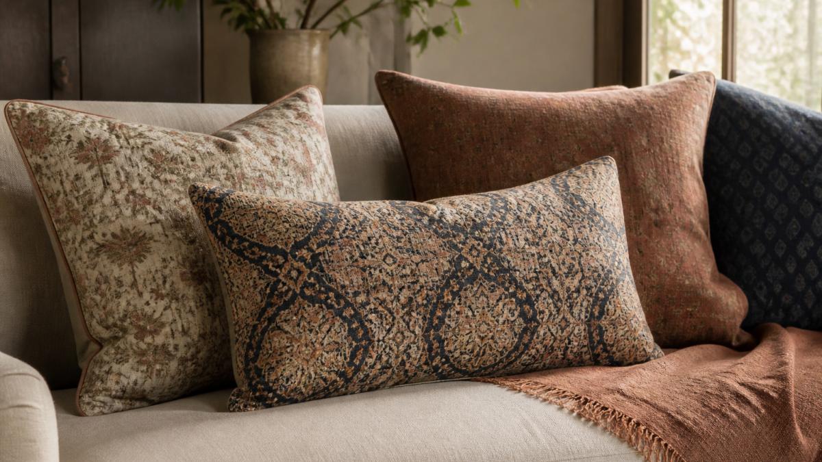Close-up of a styled sofa with layered designer throw pillows in distinct vintage-inspired patterns, showing rich fabric texture and intricate weaving detail in warm natural light