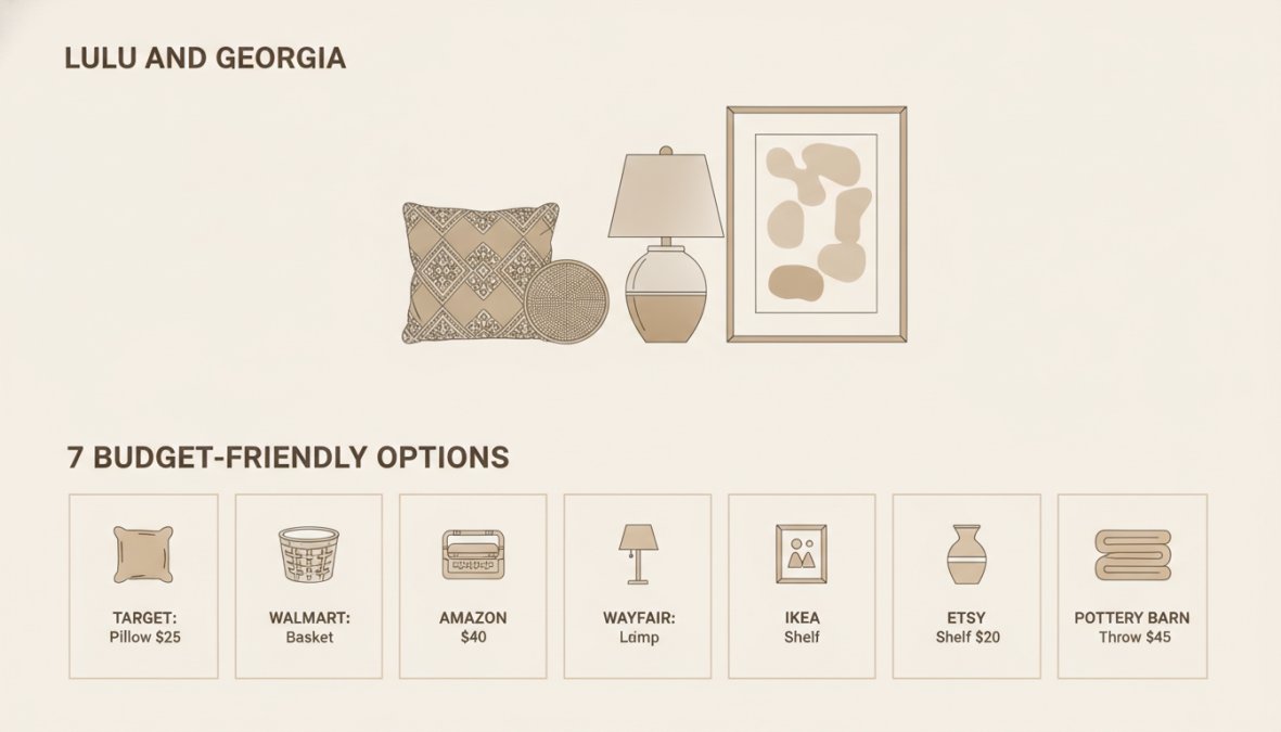 Flat-lay arrangement of home decor items including neutral throw pillows, a small rattan accent piece, a table lamp, and a framed print on a light wood surface with natural morning light