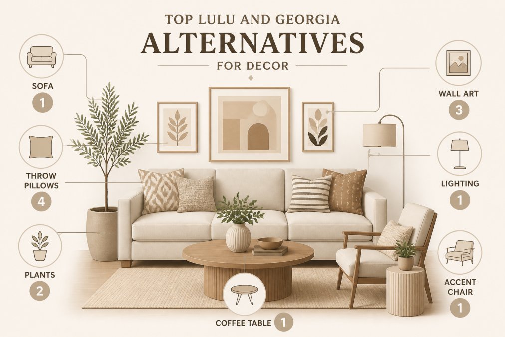Modern living room featuring a contemporary sofa in neutral tones, layered with patterned throw pillows, a wooden coffee table, potted plants, and framed artwork on soft-lit walls