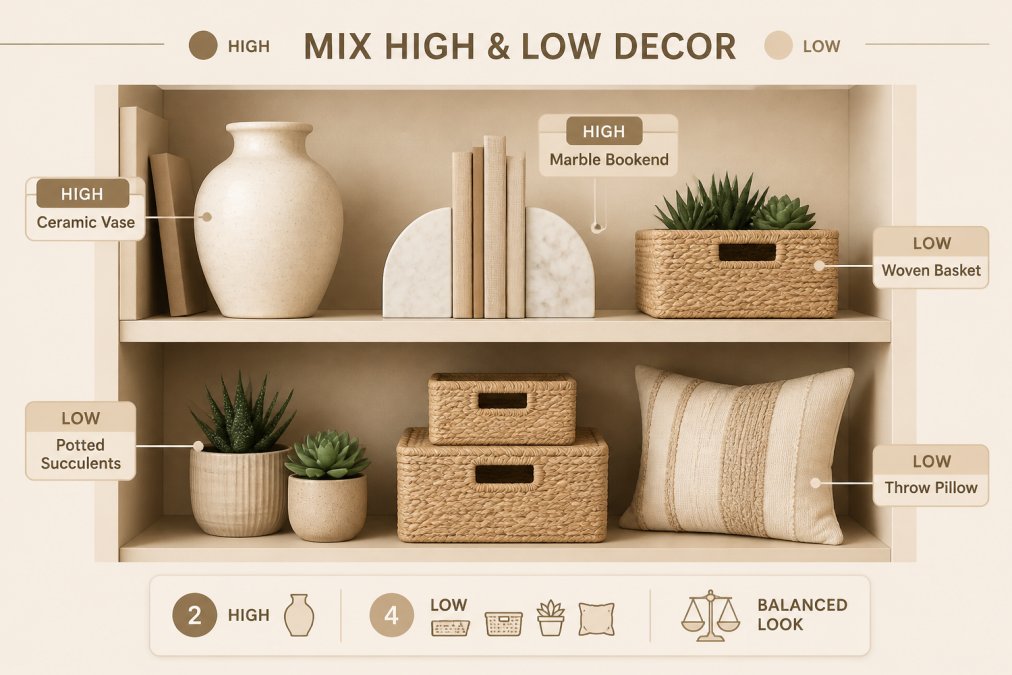 Styled shelf display showing high-end ceramic vase and marble bookend paired with budget-friendly woven baskets, potted succulents, and an affordable throw pillow in coordinating neutral tones