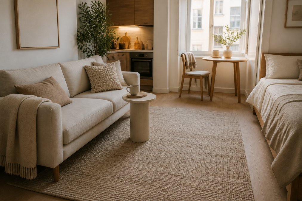 Cosy studio apartment with a carefully placed flatweave area rug anchoring a small living area, showing a neutral-toned sofa positioned with front legs on the rug, minimalist side table, and soft natural light from a single window highlighting the rug's texture and neutral palette