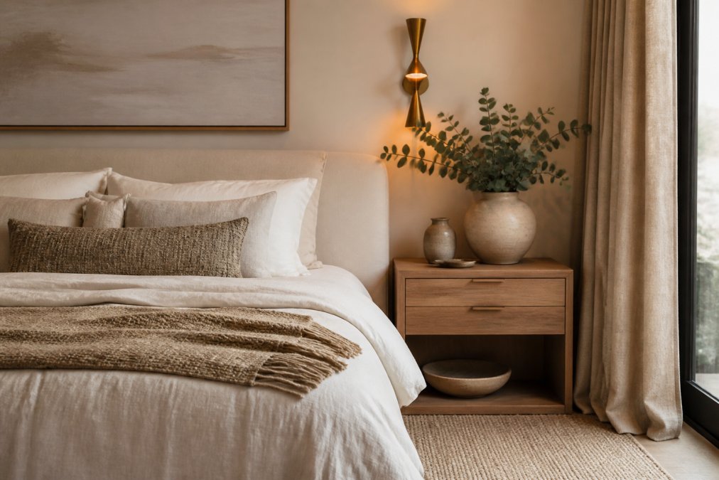 Serene bedroom featuring layered textures with cream linen bedding, a woven throw blanket, warm ambient lighting from a sculptural brass fixture, and carefully styled nightstand with ceramic vessels and fresh eucalyptus