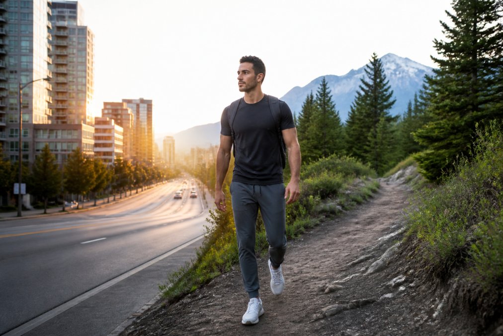 A man in premium athletic joggers and a fitted performance tee walking from an urban street toward a mountain trailhead, city skyline fading behind him, morning light