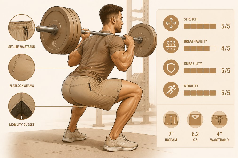 Male weightlifter performing a heavy barbell squat wearing technical athletic shorts, showing the fit and movement through hip and thigh during the descent, with clear visibility of seam construction and fabric tension in a modern gym setting with bright overhead lighting