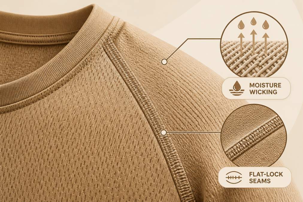 Close-up detail shot of athletic fabric texture showing moisture-wicking material weave pattern and flat-lock seam construction on a technical workout shirt, with soft studio lighting highlighting the fabric quality and engineering
