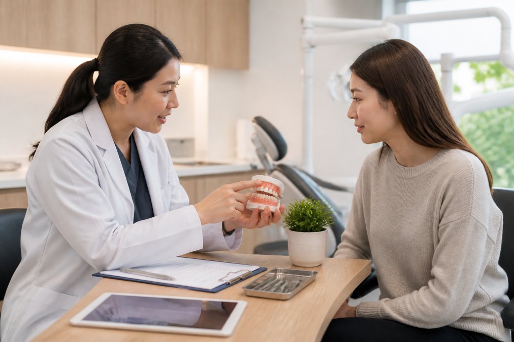 Dental professional consulting with a patient in a comfortable, welcoming treatment room, both reviewing treatment options together at a consultation desk