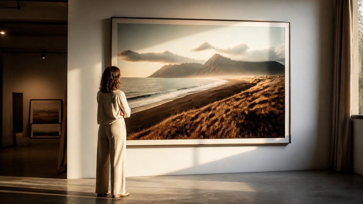 Collector viewing a large landscape photograph in a gallery, a quality lumas alternative for your home decor.