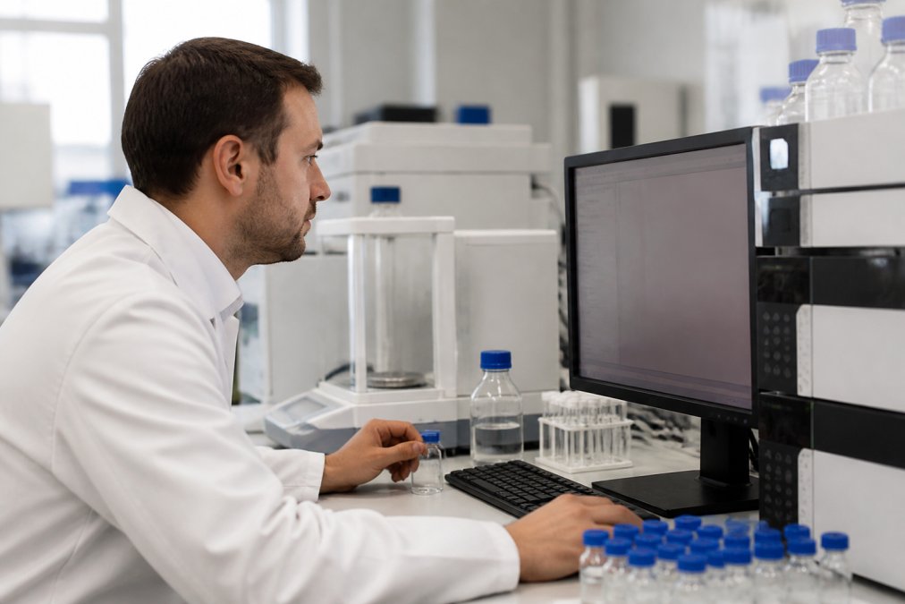 Een laborant in witte jas bekijkt een HPLC-chromatogram op een computerscherm in een modern laboratorium, met glazen vials en een analytische balans op de achtergrond