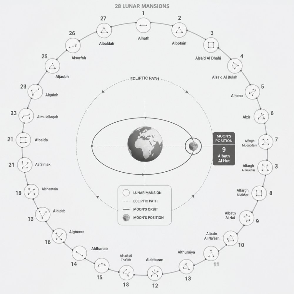Circular diagram showing the 28 lunar mansions arranged around the ecliptic path, labeled with names like Alnath, Albotain, Aldebaran, and others, with the Moon's position marked at one mansion