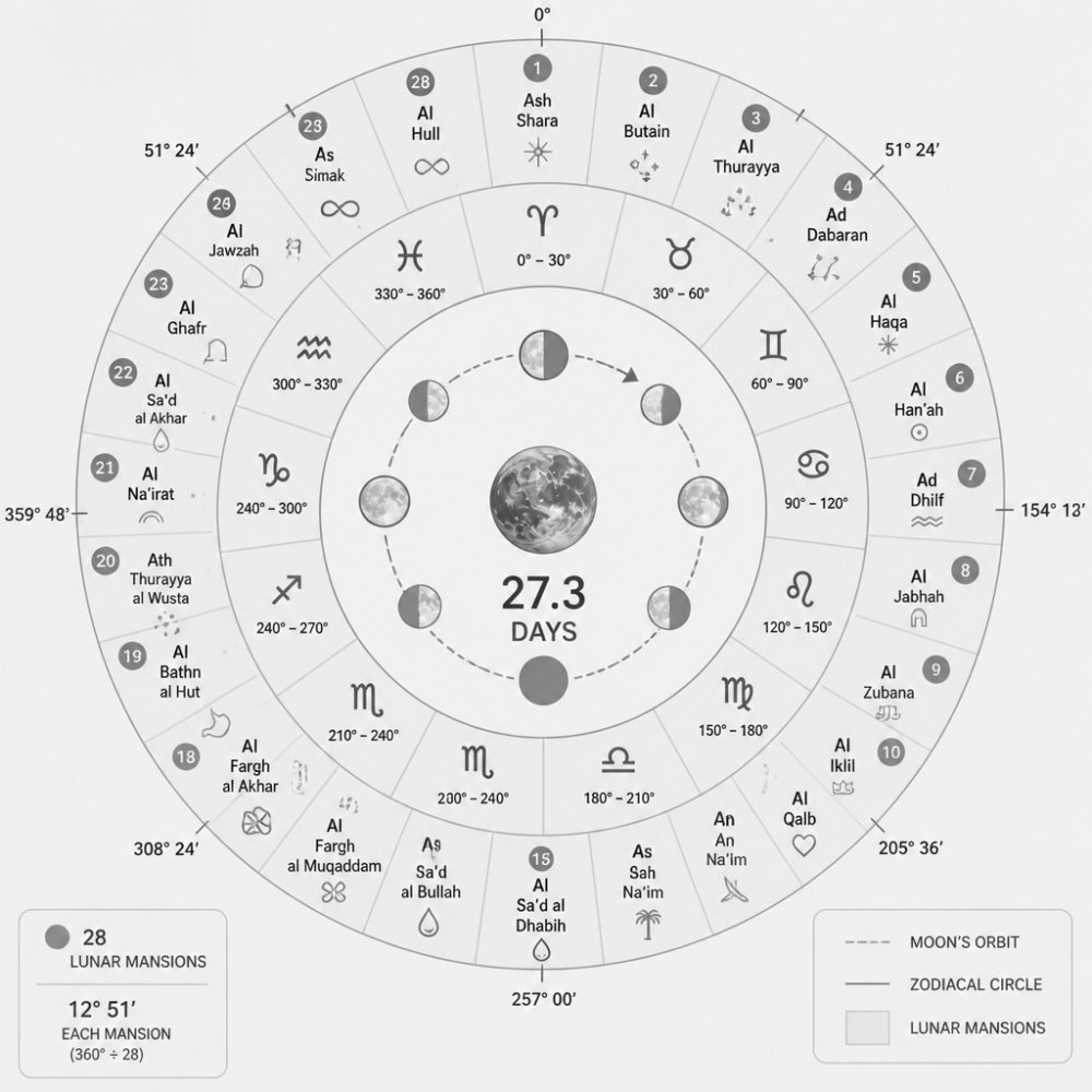 Circular diagram of 28 lunar mansions mapping the 27.3-day cycle and degree markings for lunar mansion astrology accuracy.