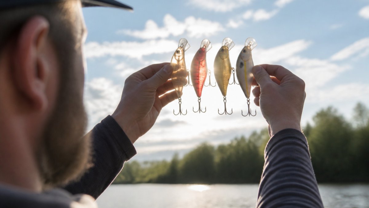 Angler holding multiple colored crankbaits up to sunlight, examining visibility and contrast in different lighting conditions near the water's edge