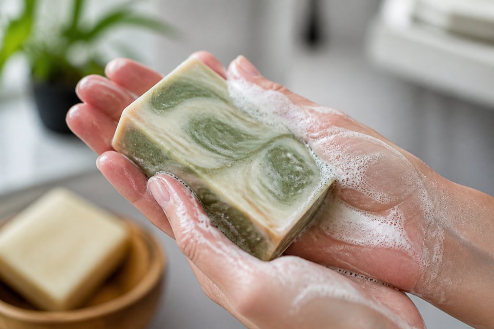 Close-up of hands holding a beautifully crafted artisan soap bar with visible swirls and natural colors, showing detailed texture and creamy lather being worked into skin