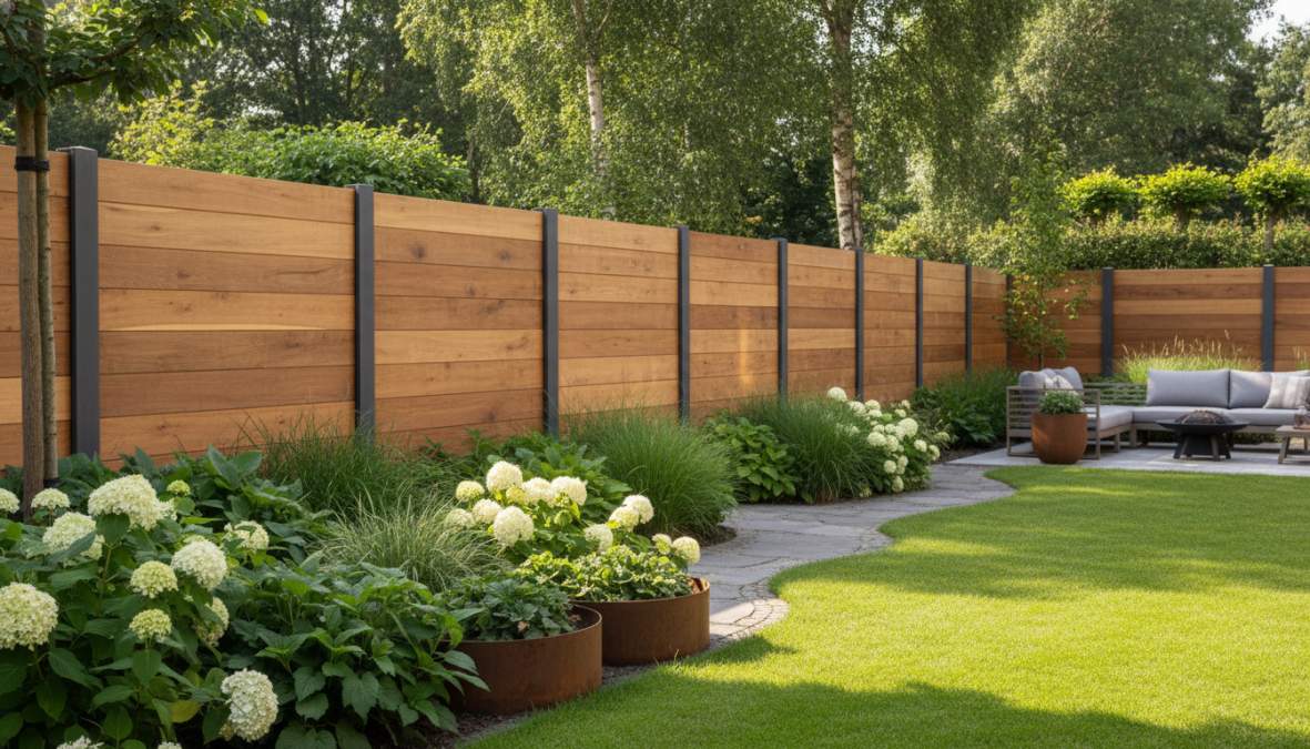 Moderne tuin in Eindhoven met een afgewerkte hout-beton schutting, donkergrijze betonpalen gecombineerd met warme houten planken, weelderig groen in de voorgrond, gefotografeerd op een zonnige middag