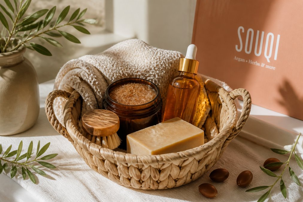 Handgemaakt mandje met luxe biologische cadeaupakketten vol arganolie, scrub en ambachtelijke zeep op een lichte ondergrond