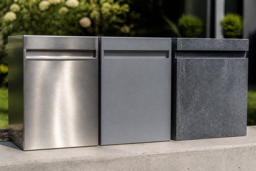 Close-up van drie brievenbusmateriaal samples naast elkaar in natuurlijk licht, glanzend RVS, mat aluminium, en gestructureerde hardsteen textuur, met zichtbare verschillen in afwerking en glans