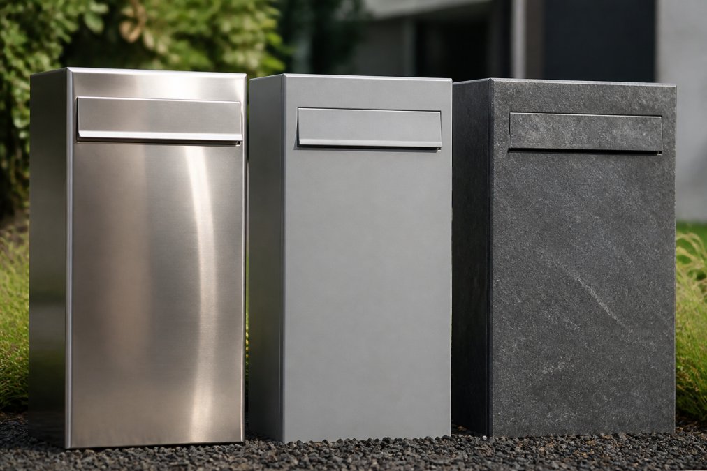 Drie verschillende materialen voor een luxe brievenbus kopen: RVS, mat aluminium en hardsteen naast elkaar in daglicht.