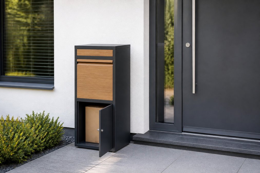 Moderne huisvoorkant met gesloten voordeur, waarin een antraciet-gekleurde luxe pakketbrievenbus met zichtbare pakketvak-opening naast de deur is gemonteerd, met natuurlijke daglicht