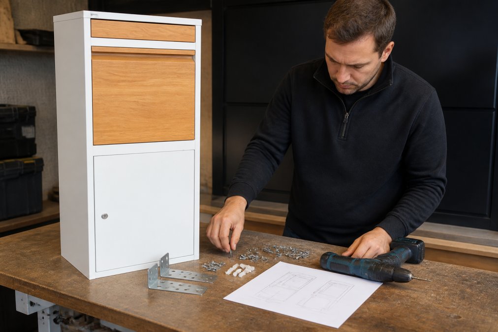 Close-up van bevestigingsmaterialen, boormachine, montagebrackets en instructiehandleiding uitgelegd op een werkbank, klaar voor installatie