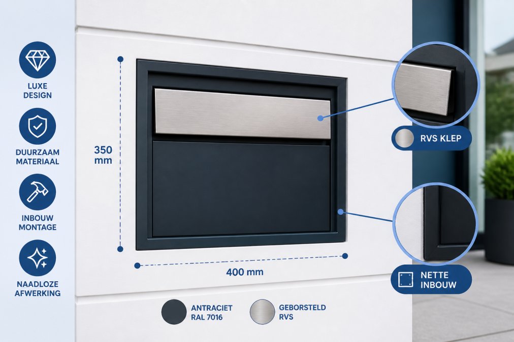 Close-up van een stijlvolle inbouw wandbrievenbus in antraciet RAL 7016 gemonteerd op een moderne witte gevelbekleding, met zichtbare geborsteld stalen brievenbusklep en nette afwerking rondom de uitsparing