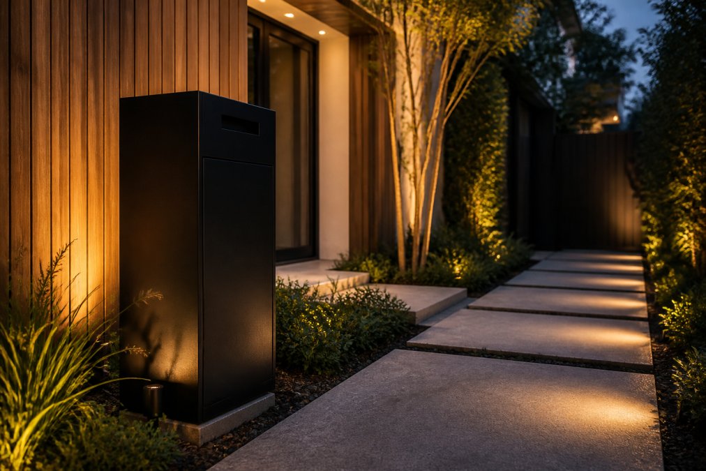 Een moderne voortuin bij schemering met een vrijstaande zwarte stalen pakketbrievenbus naast een houten gevel, warme sfeerverlichting die het staal laat glanzen en strakke bestrating van natuursteen
