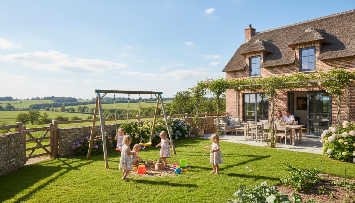 Een gezin met twee jonge kinderen die buiten spelen in een omheinde tuin van een gerenoveerde hoeve met bakstenen gevel, omringd door glooiende groene heuvels op een zonnige dag