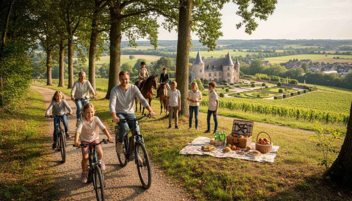 Een familie van vier op elektrische fietsen op een schilderachtig fietspad door het glooiende heuvellandschap van de Vlaamse Ardennen, omringd door bossen en weilanden op een zonnige dag