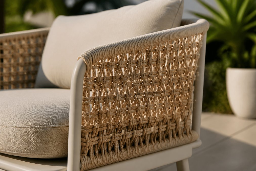 Close-up of hand-woven synthetic outdoor armchair in natural weave colour, showing texture detail of recyclable material with powder-coated aluminium frame in soft afternoon light
