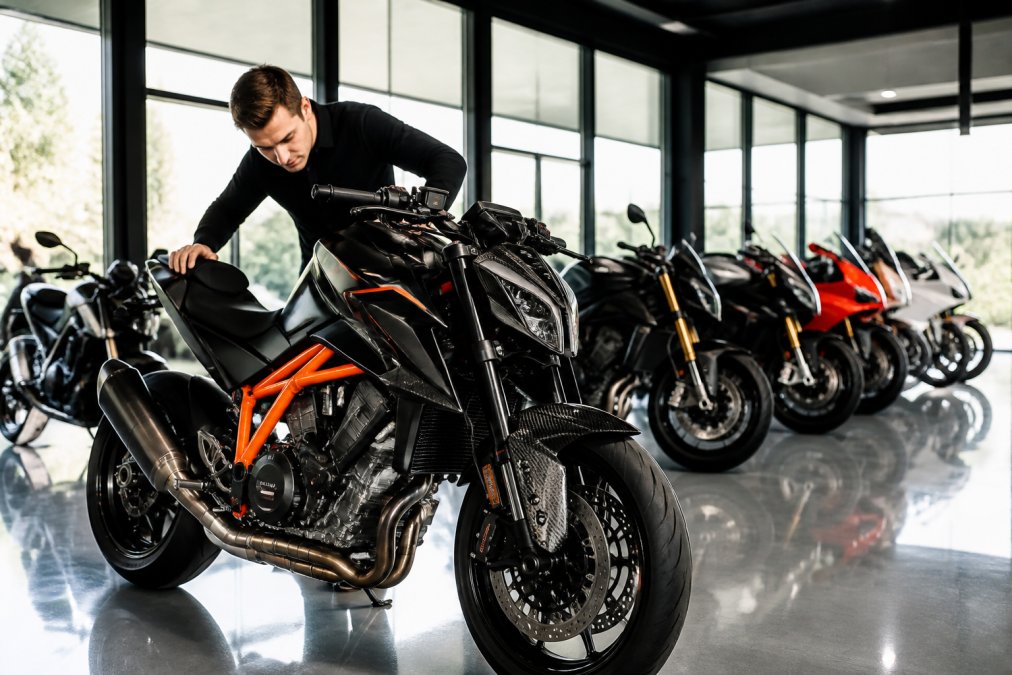 Een verzamelaar in een moderne, lichtrijke showroom buigt zich over een KTM Super Duke RR met carbon detailing, terwijl op de achtergrond een rij exclusieve motorfietsen staat op gepolijste vloeren
