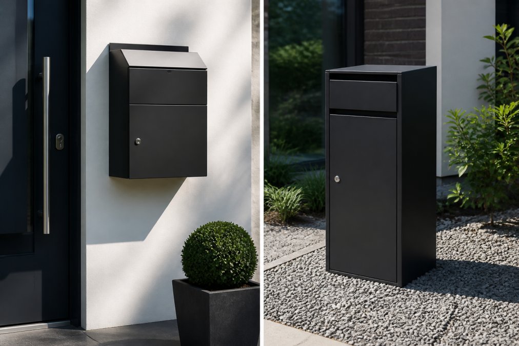 Elegante wandmodel luxe pakketbrievenbus gemonteerd naast een voordeur voor wie een luxe pakketbrievenbus kopen wil.