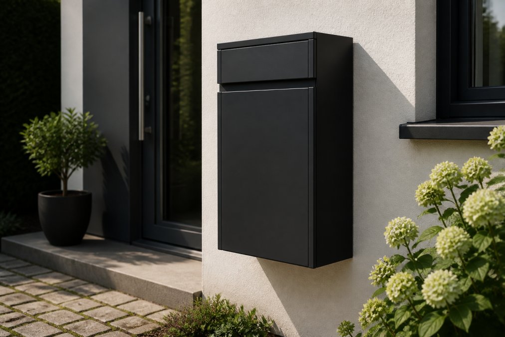 Luxe pakketbrievenbus met duidelijk zichtbare afmetingen, gemonteerd aan moderne woningvoorgevel met natuurlijke daglicht