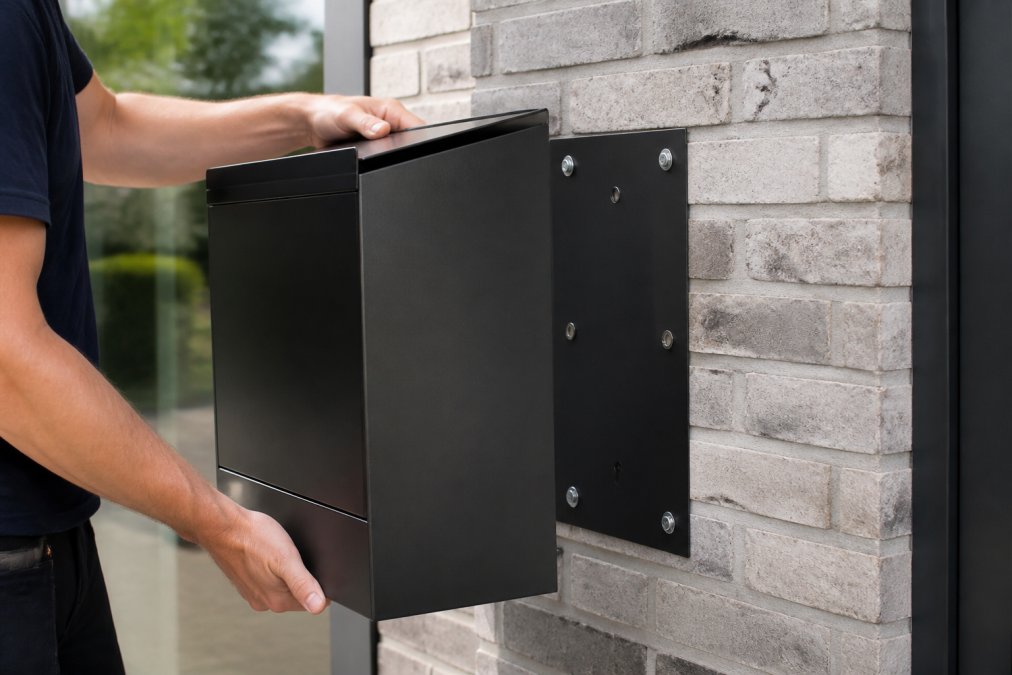Close-up van wandmontage van pakketbrievenbus met zichtbare bevestigingsplaat en montagepunten op een moderne gevel met natuurlijke daglicht op het poedercoat-afwerking