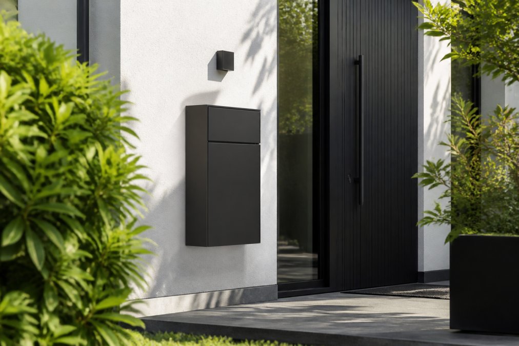 Moderne woning met elegante luxe pakketbrievenbus aan de gevel, geïntegreerd in het architectonische design, met natuurlijke daglicht op het poedercoat-afwerking en minimalistisch design