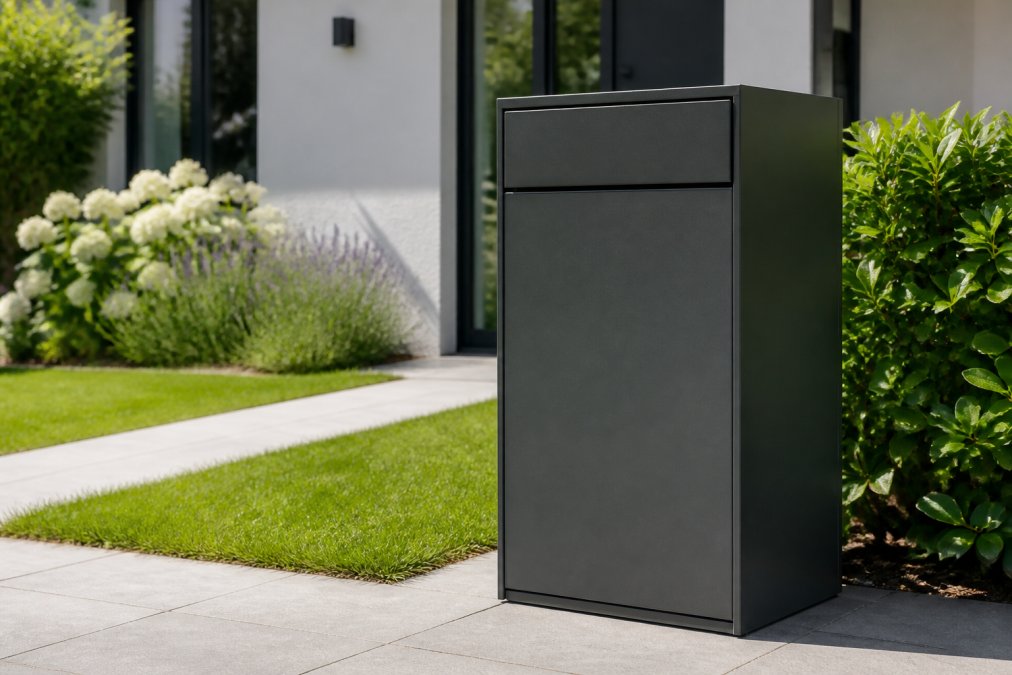 Stijlvolle antraciet pakketbrievenbus met moderne vormgeving aan de ingang van een hedendaags huis met groene voortuin en natuurlijke daglicht