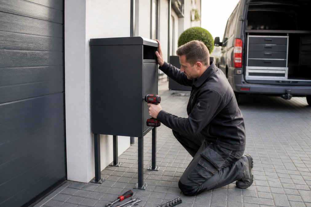 Vakman die een vrijstaande pakketbrievenbus installeert op een oprit met zichtbare montagebeugels en gereedschap, natuurlijk daglicht