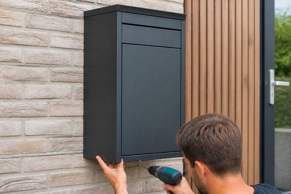 Luxe pakketbrievenbus stevig gemonteerd aan de strakke gevel van een modern woonhuis met zichtbare afwerking.
