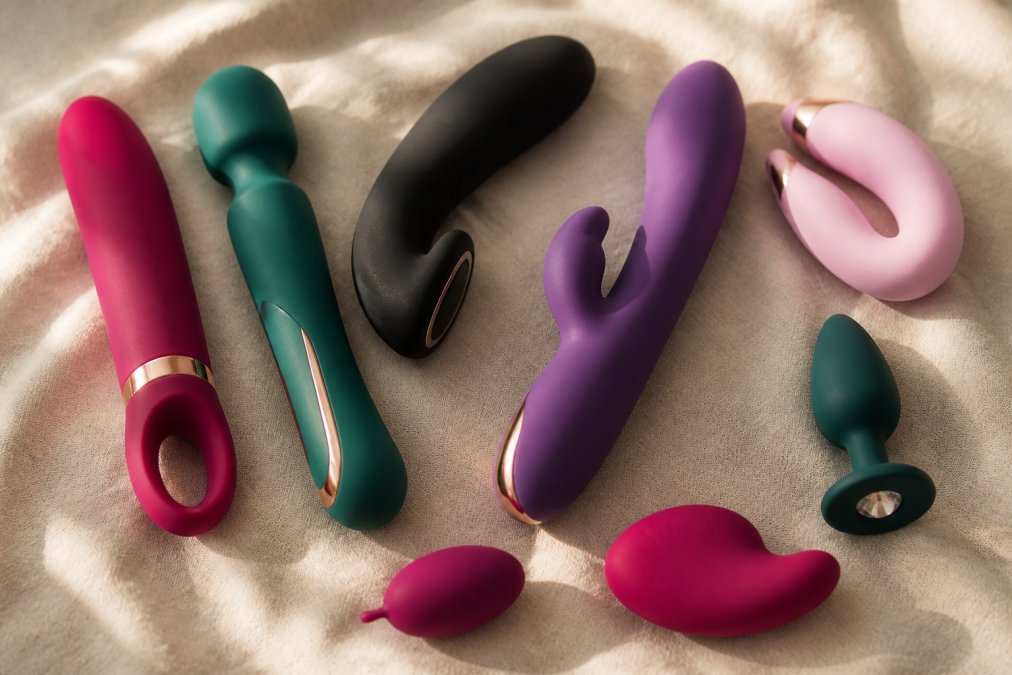Close-up van verschillende luxe seksspeeltjes in diverse vormen en kleuren, professioneel gefotografeerd op een neutrale achtergrond met zachte, diffuse verlichting